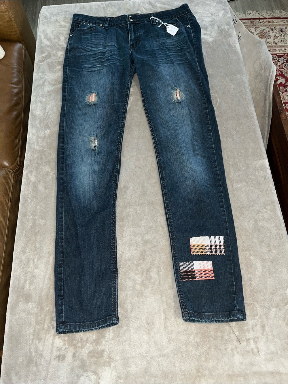 Recycle Distressed Jeans with Pink Plaid Patch size 32x31